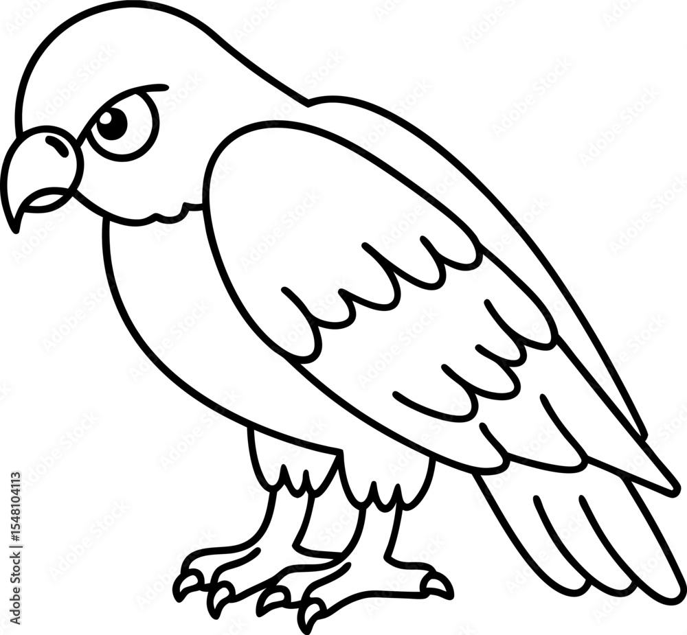 Obraz premium Hawk illustration simple black and white line drawing of predatory bird with sharp beak and claws, isolated on white