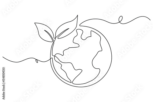 One line editable drawing of planet Earth and sprouting plant symbolizing green eco friendly living
