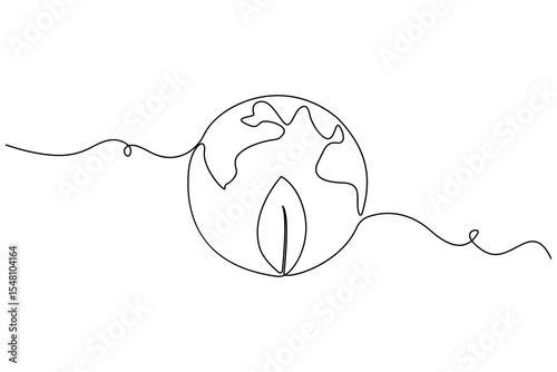 One line editable drawing of planet Earth and sprouting plant symbolizing green eco friendly living
