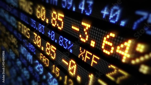 Stock Market Ticker With Prices, Percentage Changes. Abstract Ticker Board, Financial Market, Screen, Business, Trading, Rates, Quotes, Investment. Technology Animation.