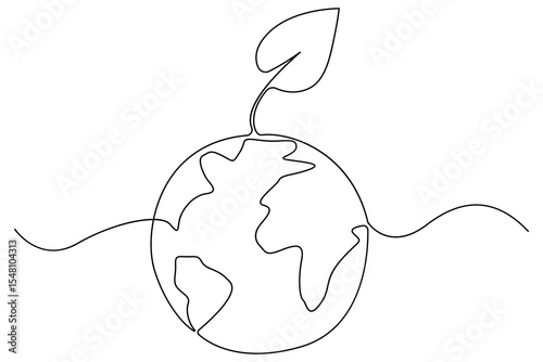 One line editable drawing of planet Earth and sprouting plant symbolizing green eco friendly living

