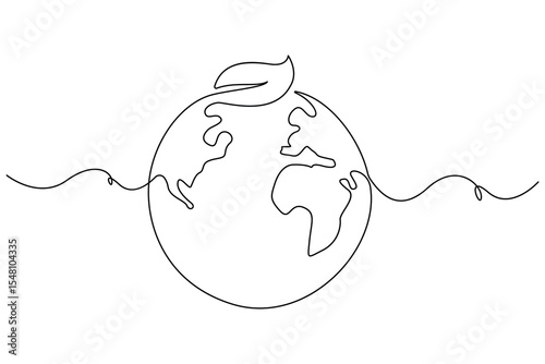 One line editable drawing of planet Earth and sprouting plant symbolizing green eco friendly living
