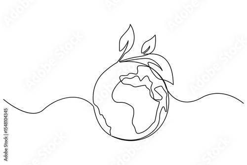 One line editable drawing of planet Earth and sprouting plant symbolizing green eco friendly living
