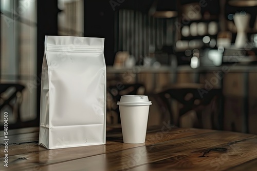 Premium Quality Visual of a White Bag Sits on a Table Next to a Coffee Cup