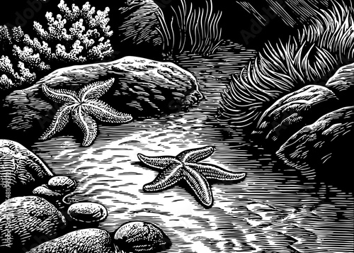 coral reef scene with starfish resting on rocks and marine plants, a black and white sketch vector