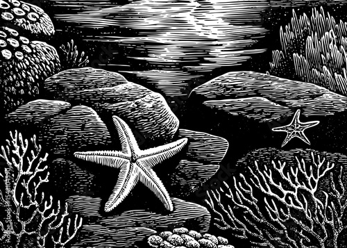 coral reef scene with starfish resting on rocks and marine plants, a black and white sketch vector