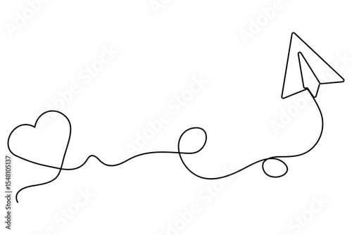Paper plane flying with hearts in continuous one line drawing love card concept minimalist vector illustration
