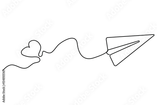 Paper plane flying with hearts in continuous one line drawing love card concept minimalist vector illustration

