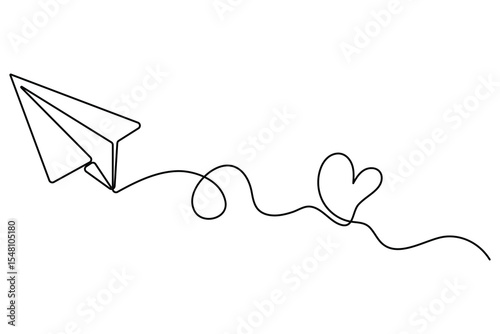 Paper plane flying with hearts in continuous one line drawing love card concept minimalist vector illustration
