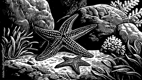 coral reef scene with starfish resting on rocks and marine plants, a black and white sketch vector