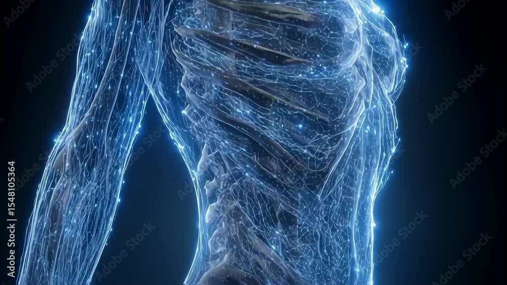 Medical visualization of a transparent female body, highlighting skeletal structure and growth, providing insights into human anatomy and development
