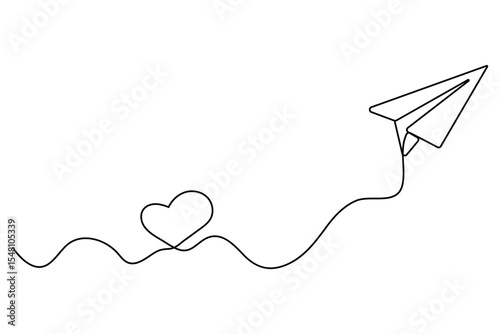 Paper plane flying with hearts in continuous one line drawing love card concept minimalist vector illustration
