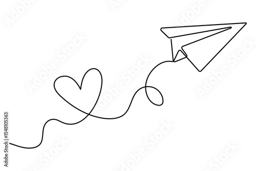 Paper plane flying with hearts in continuous one line drawing love card concept minimalist vector illustration
