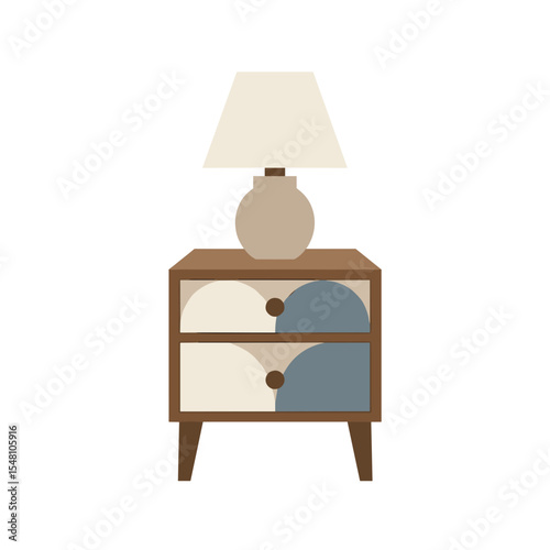 Scandinavian bedside table with abstract drawers and table lamp