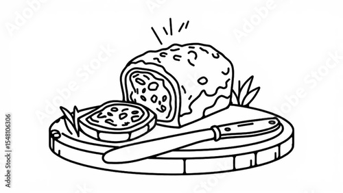 Illustration of sliced bread on wooden board with knife, simple line 