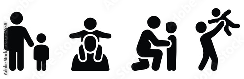 Father and son silhouette icons showing bonding moments and caregiving activities, perfect for Father’s Day celebration designs