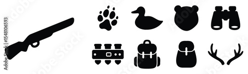 Hunting and wildlife gear silhouette icons including rifle, binoculars, antlers, paw prints, and animal traps