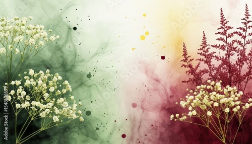 A colorful abstract background featuring delicate white flowers on a green and red gradient. The scene includes soft splashes of color and a dreamy atmosphere.