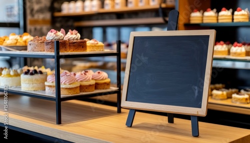 A display of various desserts in a bakery. The scene includes colorful cupcakes and a blank chalkboard sign on a wooden counter.