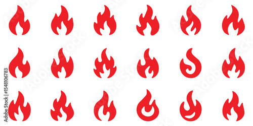 Red fire flame icon set in various shapes and sizes on white background, minimal emergency and heat symbol design