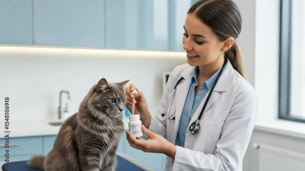 Female animal doctor prescribing pet supplements to cat, visit to vet clinic Female animal doctor prescribing pet supplements to cat, visit to vet clinic