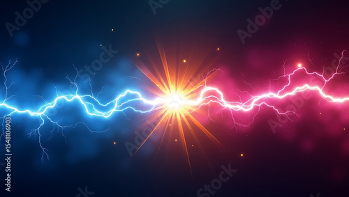 Clashing blue and pink lightning bolts collide in dramatic energy burst
