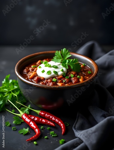 Delicious spicy chili beans in a bowl with sour cream