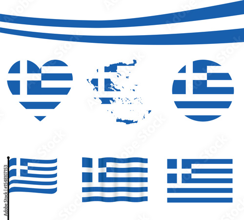 Print Greece map with ribbon and 5 styles of Greek flags – heart, circle, waving, flat, and badge design – vector illustration
