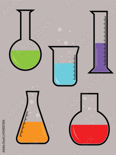 Colorful Chemistry Lab Glassware Erlenmeyer Flasks, Beakers, and Graduated Cylinders