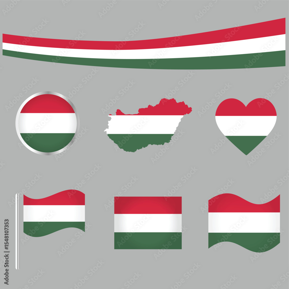 Print Hungary map with ribbon and 5 styles of Hungarian flags – heart, circle, waving, flat, and badge design – vector illustration Print Hungary map with ribbon and 5 styles of Hungarian flags – heart, circle, waving, flat, and badge design – vector illustration