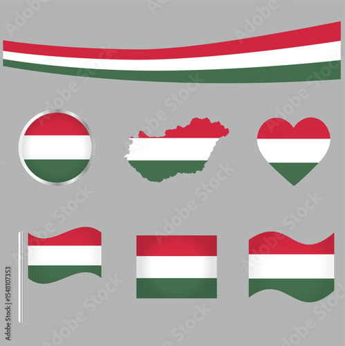Free Download Print Hungary map with ribbon and 5 styles of Hungarian flags – heart, circle, waving, flat, and badge design – vector illustration - GFXLoad