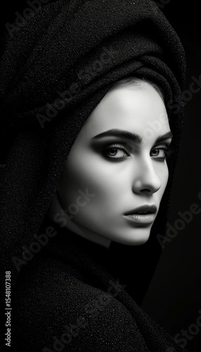 A young woman with long dark hair and striking features wears a black headscarf. The image is in black and white, emphasizing her facial expression and makeup.