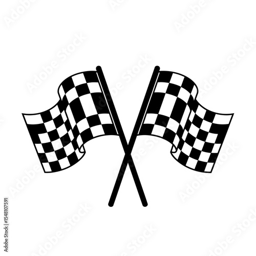Two crossed checkered flags waving in the wind, a symbol of victory and competition on a white background