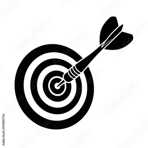 A black and white graphic of a dart hitting the bullseye of a circular target with rings around it