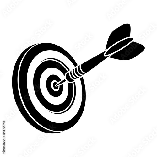 A black and white illustration of a dart hitting the center of a target with concentric circles