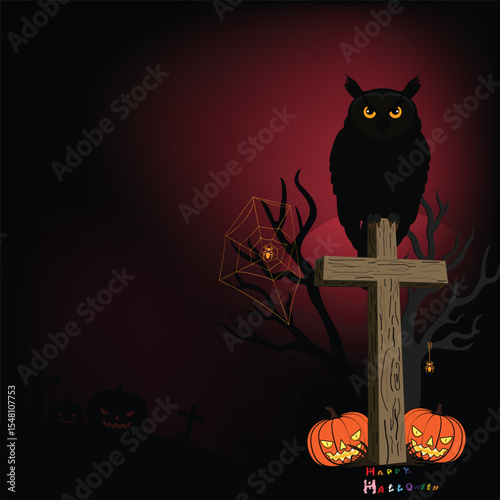 Illustration of an owl sitting on a cross on a black background. Devil pumpkin, dead tree piled on a black background. And text rainbow color set happy halloween.