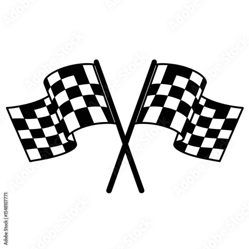 Two crossed checkered flags waving in the wind representing the end of a race in black and white art