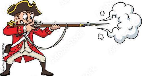 Fotografie Cartoon Colonial Soldier Firing Musket, Red Coat, Tri-Corner Hat