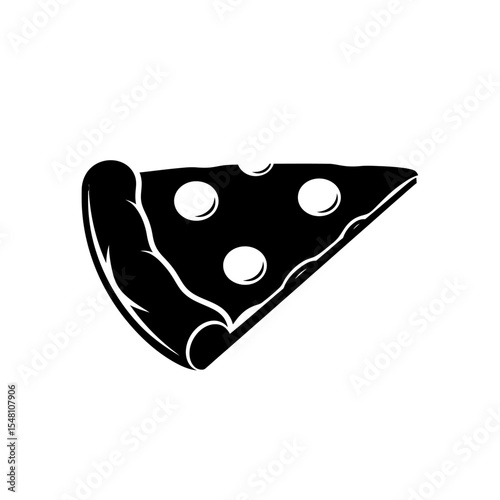 A black and white graphic illustration of a pizza slice with toppings and a thick crust design element