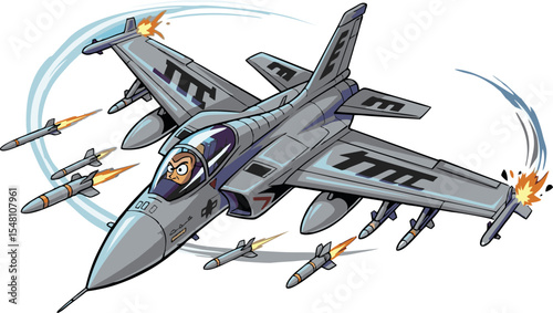 Cartoon Fighter Jet in Action Launching Missiles