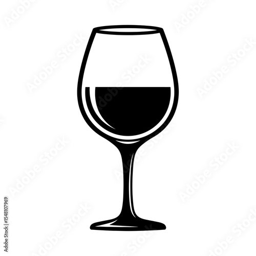 A black and white vector illustration of a wine glass filled with dark liquid on a white background