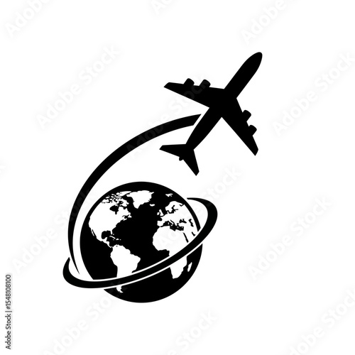 A black and white graphic of an airplane flying around the world with a circular path design element