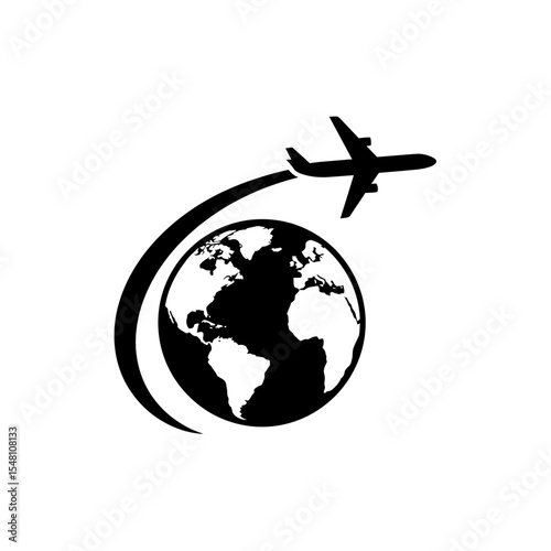 airplane flying around the world illustration in black and white simple travel concept design icon