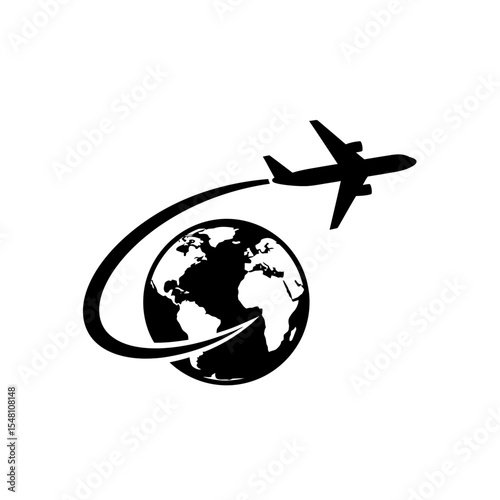 A black and white graphic of an airplane flying around the earth with a curved line behind it