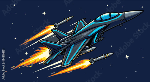 Cartoon Fighter Jet with Missiles Firing in Space with Stars
