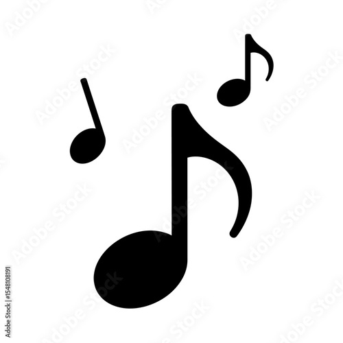 An illustration of three black musical notes of varying sizes on a plain white background space around them