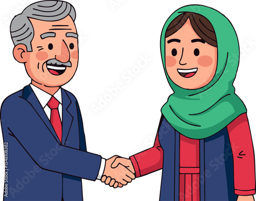 Cartoon illustration of a businessman shaking hands with a woman wearing a green hijab