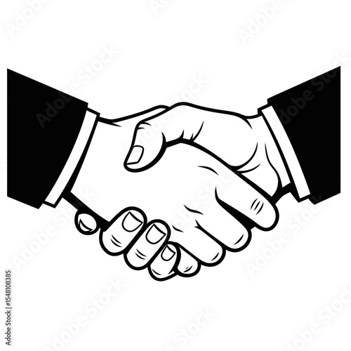A black and white graphic illustration of two hands shaking in a business agreement concept art