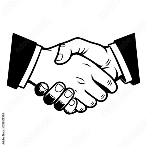 A black and white illustration of two hands shaking in a business agreement or partnership deal image
