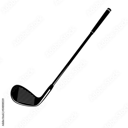 A black and white graphic illustration of a golf club with a grip and a club head on a white background